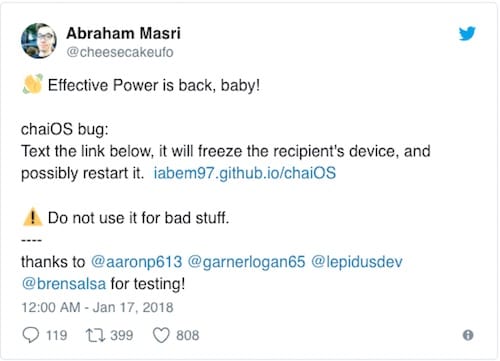 تغريدة المطور Abraham Masri حول القنبلة النصية chaiOS