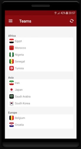 واجهة تطبيق World Cup Russia 2018