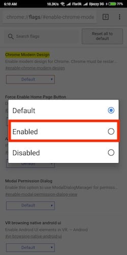 نافذة تفعيل خيار Chrome Modern Design 