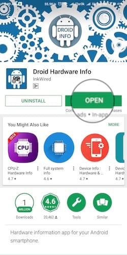 فتح تطبيق Droid Hardware Info